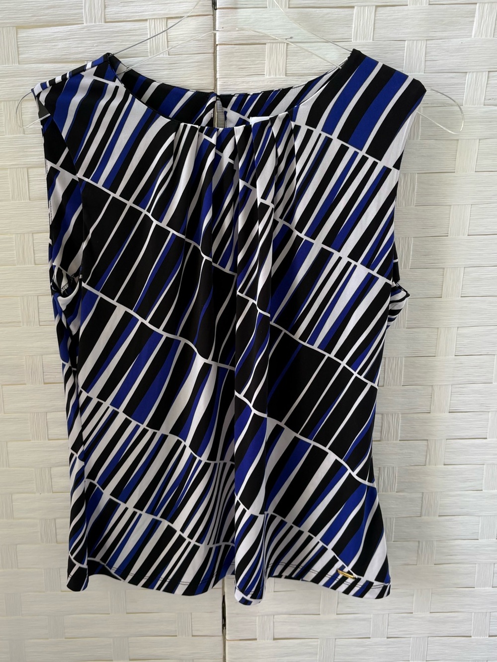 Calvin Klein Medium Sleeveless Geometric‎ Stripe Top Blue Black Career Layering